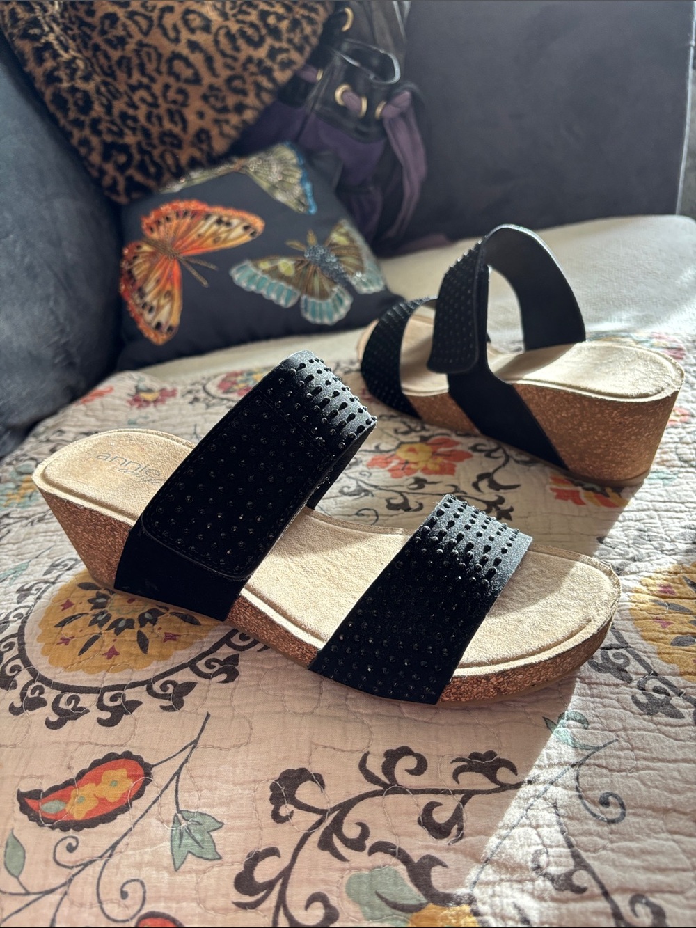 Cork Wedge Black Rhinestone Covered Double Strap Slide Sandals Size 11M - Picture 3 of 16
